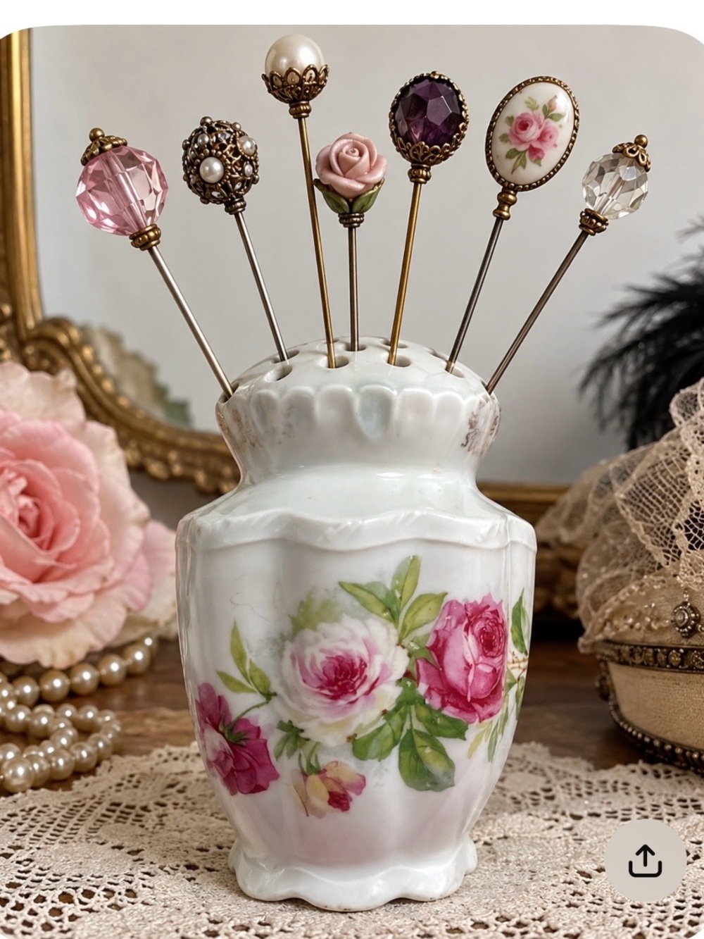 Vintage Porcelain Hatpin Holder Pink Roses Floral Vanity Decor
